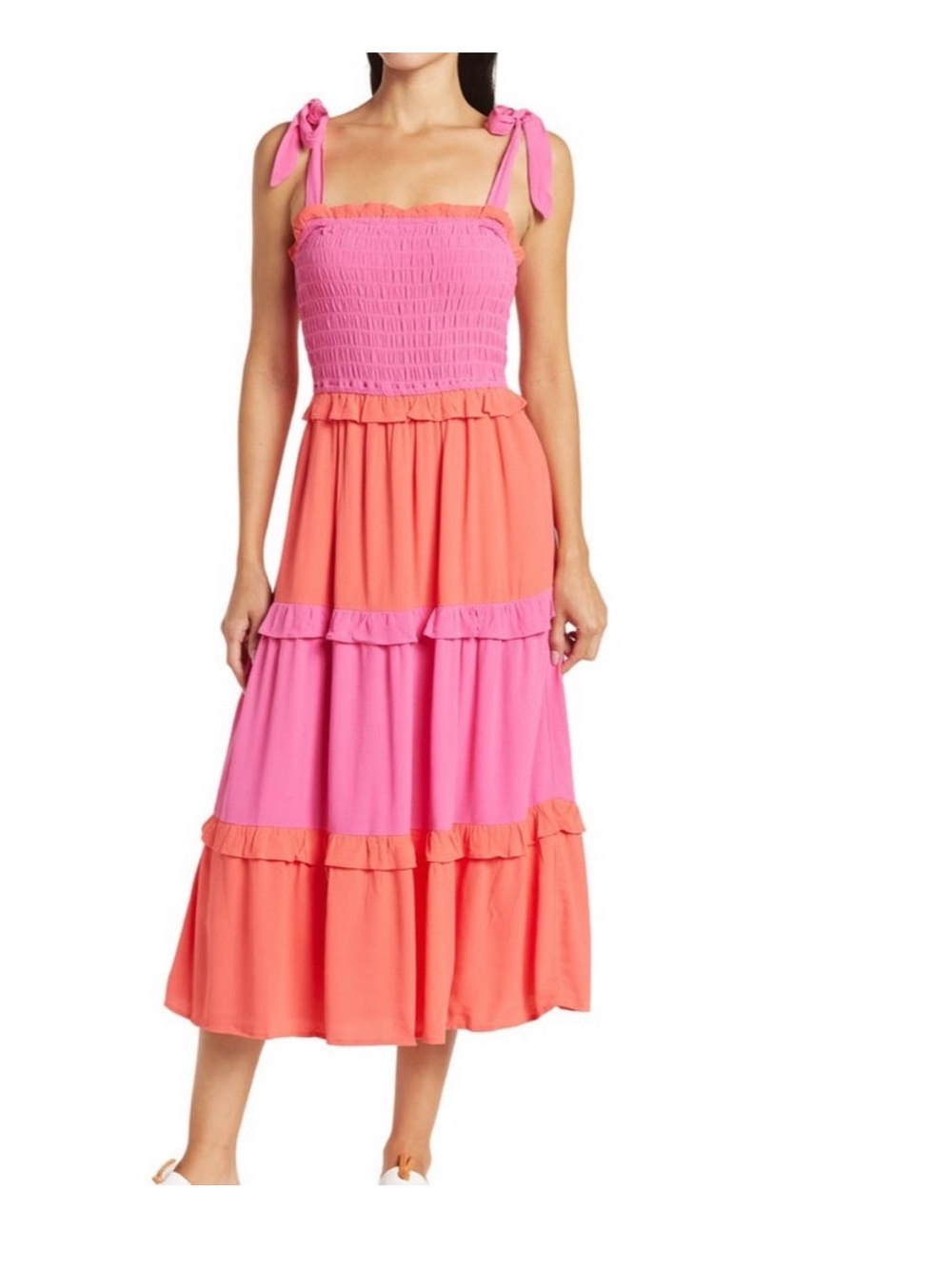 Btfl Life Smocked Tie-Shoulder Colorblock Midi dress in Pink & Coral